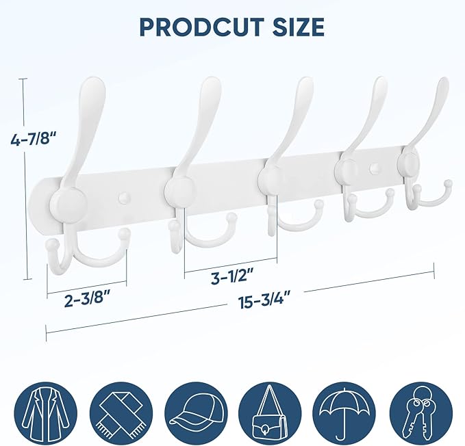 TICONN Wall Mounted Coat Rack, Five Heavy Duty Tri Hooks All Metal Construction for Jacket Coat Hat in Mudroom Entryway (White, 1-Pack)