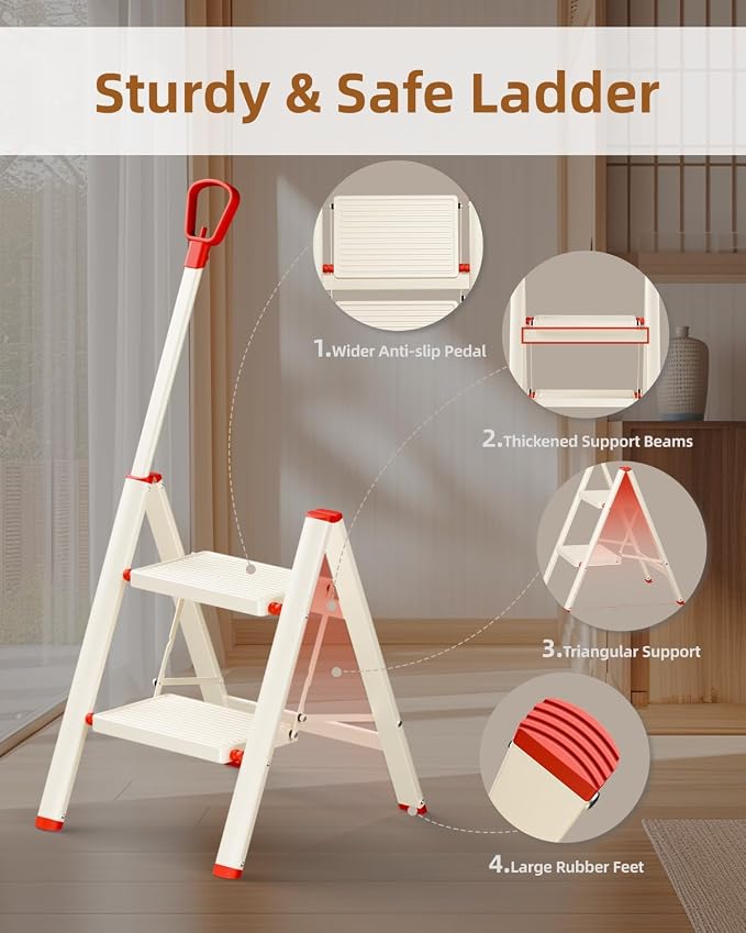 ASPERALD 2 Step Ladder with Single-Handrail,Foldable Step Stool with Anti-Slip Wide Pedals for Home Kitchen Closet,Lightweight Step Folding White