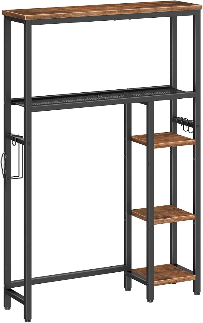 HOOBRO Over The Toilet Storage Cabinet, Freestanding Bathroom Organizer with Toilet Paper Holder, Hooks, 5-Tier Bathroom Storage Shelves for Laundry Room, Space Saver, Rustic Brown and Black BF84TS01