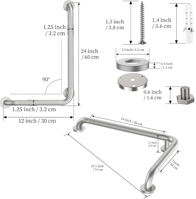 Brushed Nickel Angled Grab Bar 16x24 Inch, iHansee Bathroom Safety Bar w/Anti-Slip Knurled Grip, Wall Mount L Shaped Shower Handle for Elderly Senior Handicap, Toilet Bathtub Balance Support Bar