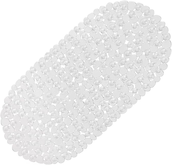 WELTRXE Pebbles Bath Mat Clear Non-Slip Bathtub Mat with Suction Cups, Drain Holes for Bathroom Showers, Tub, Machine Washable, BPA, Latex Free Safe Shower Mats, Oval 27 x 14 Inch