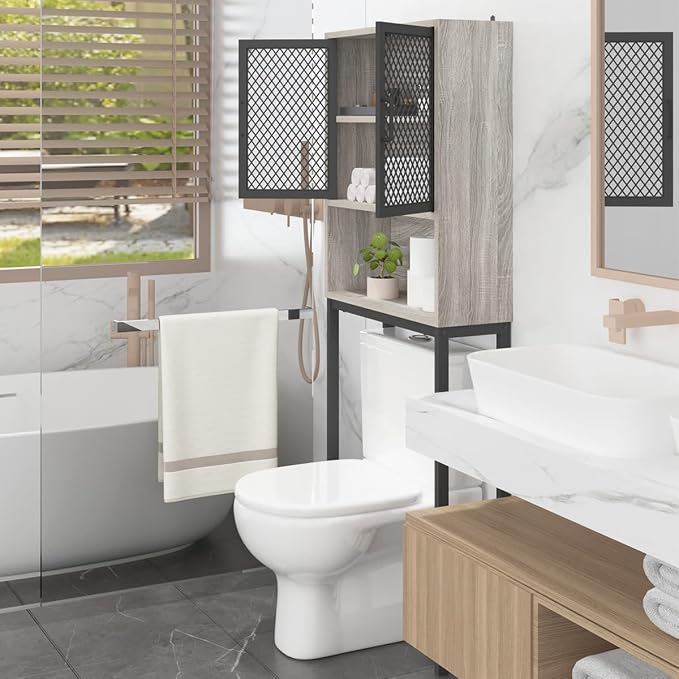 Launica Over the Toilet Storage Cabinet, Over Toilet Bathroom Organizer with Mesh Doors and Shelves, Freestanding Bathroom Storage Cabinet Above Toilet, Wood and Metal, Light Grey Oak