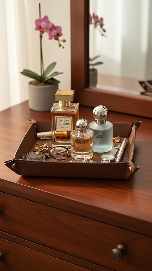 VLANDO Valet Tray for Men Women, Nightstand Organizer Vanity Catchall Holder for Dresser Desk Storage Bedside, Travel PU Leather Jewelry Key Bowl Coin Watches and Candy Entryway Tray - Large, Brown