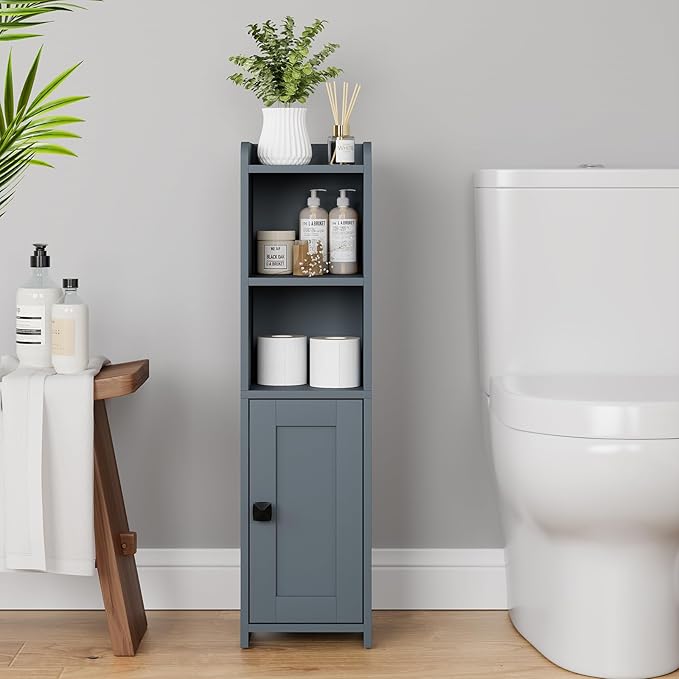 Lomojo Small Bathroom Storage Cabinet Corner, Freestanding Narrow Bathroom Toilet Paper Organizers for Small Spaces Floor Cabinet with Adjustable Shelves (Gray)
