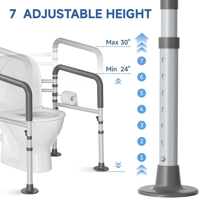 Loyoda Toilet Safety Rail for Seniors, 11.7lbs Steel, Rock-Solid Stability | Height & Width Adjustable,Foldable,Padded Armrests,Wide Non-slip Foot Pads,350 lb Capacity for Pregnant Women & Disabled,Gray
