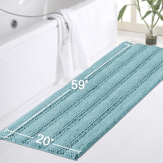 Turquoize Non Slip Shaggy Chenille Microfibers Bathroom Rug Aqua Haze Mat - Extra Long 59 x 20, Super Water Absorbent & Soft Washable Kitchen Rugs and Mats