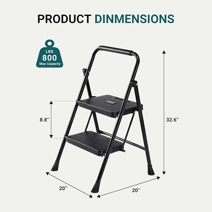 DUMOS Step Ladder, 2 Sturdy Step Stool with Anti-Slip Pedal & Comfortable Handrail, Portable Heavy Duty Step Stool for Kitchen, Garage & Outdoor Use, 800lbs, Black