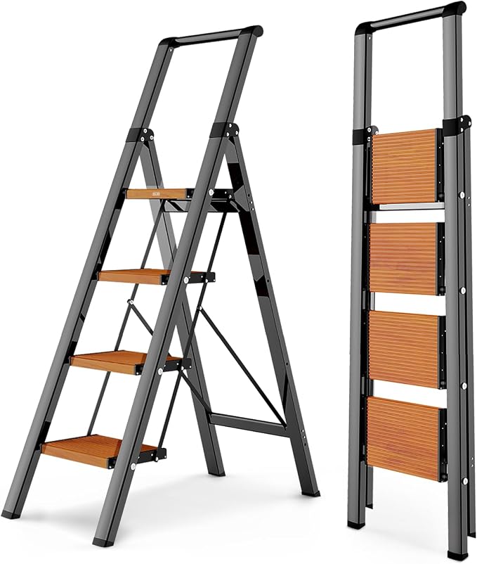 WOA WOA 4 Step Ladder, Ladders for Home, Anti-Slip Pedals, Aluminum Step Stool Foldable, Lightweight to Move, Ease of Storage, Reach 9ft for Closet Kitchen Library, Hold 300lbs - Black&Wood Grain