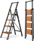 WOA WOA 4 Step Ladder, Ladders for Home, Anti-Slip Pedals, Aluminum Step Stool Foldable, Lightweight to Move, Ease of Storage, Reach 9ft for Closet Kitchen Library, Hold 300lbs - Black&Wood Grain