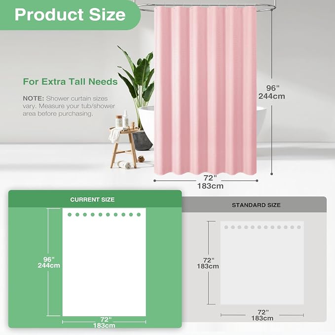 Dynamene Extra Long Shower Curtain - 96 Inch Long Waffle Weave Weighted Thick Cloth Bathroom Shower Curtain, Neutral Heavy Duty Hotel Bath Curtain Set with 12 Plastic Hooks,72x96, Pink