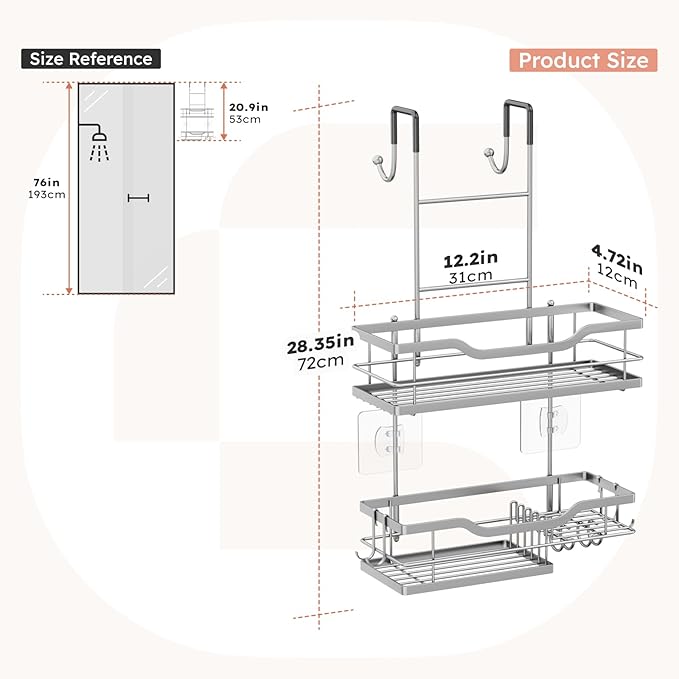 Consumest Over Door Shower Caddy - 2 Tier Shower Shelves Hanging with Soap Holders, Large Capacity Shower Organizer with 4 Hooks, Bathroom Rack and Storage, Silver