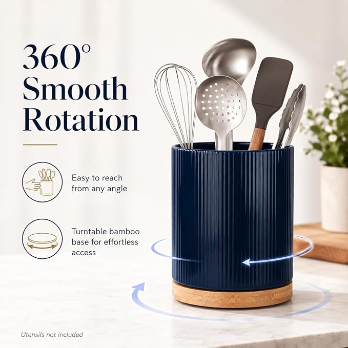QUELIEN Utensil Holder, 360° Rotating Ceramic Kitchen Utensil Holder for Countertop, 7.7" Utensil Crock for Kitchen Counter with Rotatable Wooden Base,Ideal Housewarming Gift & Mothers Day Gift