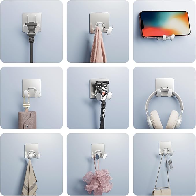 susswiff Shower Hooks for Inside Shower - Extra Sticky Stainless, Razor Holder Accessories, Wall Mounted Self-Adhesive Double Hooks for Razor, Loofah, Towel, Shaver, Coat, Key, Silver 6 Pack