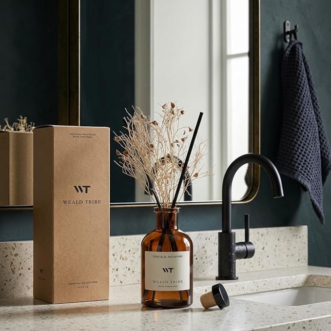 WEALD TRIBE Flower Reed Diffuser Set Clean White Linen Scent for Bathroom Air Fresheners | 4.0 fl oz Essential Oils with Sticks Home Fragrance Defusers | House Bedroom Office Shelf Decor & Gift
