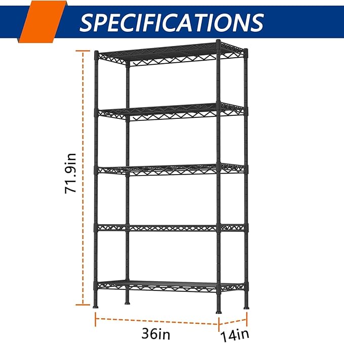 REGILLER 5-Shelf Adjustable Heavy Duty Storage Shelving Unit,Metal Organizer Wire Rack for Laundry Bathroom Kitchen Pantry Closet(Black,14" D x 36" W x 71.9" H)