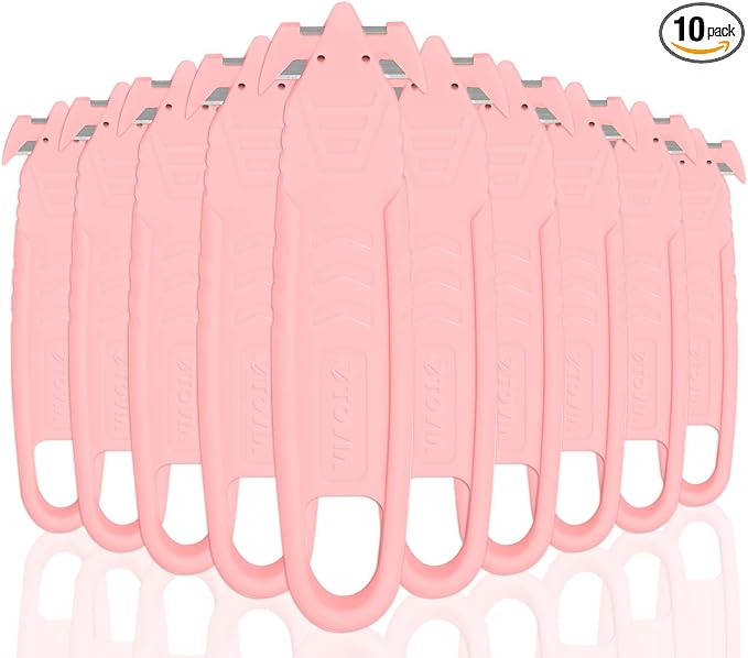 Safety Box Cutter, T TOVIA Sharp Durable Stainless Steel Concealed Blade Package Opener with Tape Splitter for Cartons, Cardboard, Wrap, Straps, Film (10 Pcs - Pink)