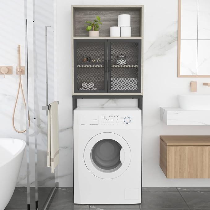 Launica Over the Toilet Storage Cabinet, Over Toilet Bathroom Organizer with Mesh Doors and Shelves, Freestanding Bathroom Storage Cabinet Above Toilet, Wood and Metal, Light Grey Oak