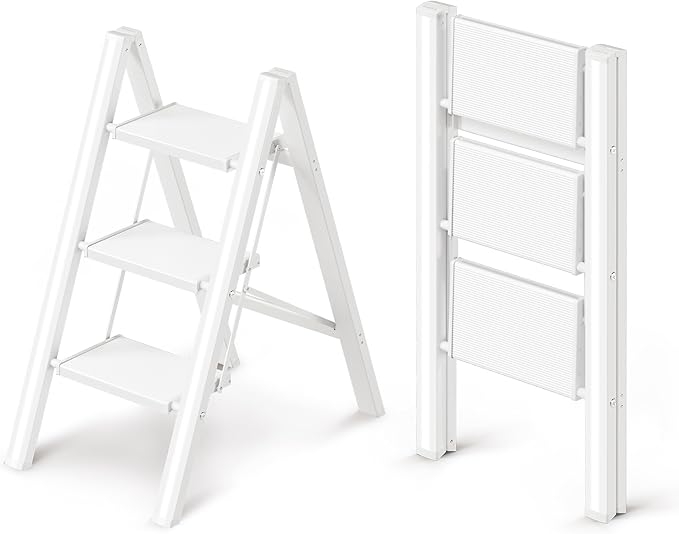 3 Step Ladder, Folding Step Stool with Wider Pedal, Anti-Slip Feet & Non Slip Stripes, Aluminum Sturdy Material, 300Lbs Capacity, Elegant Look of Modern White Better Matches Your Home