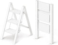 3 Step Ladder, Folding Step Stool with Wider Pedal, Anti-Slip Feet & Non Slip Stripes, Aluminum Sturdy Material, 300Lbs Capacity, Elegant Look of Modern White Better Matches Your Home