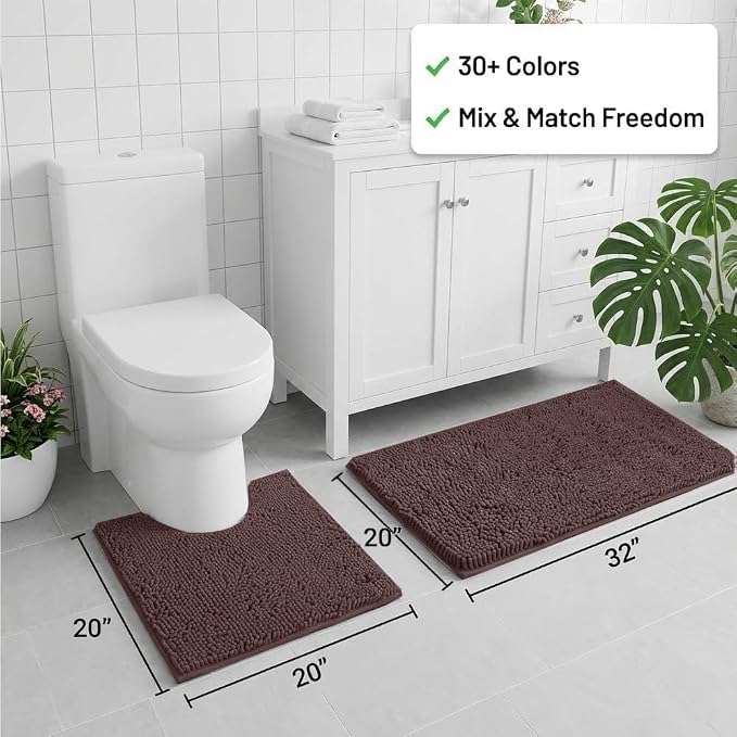 Bathroom Rugs Sets 2 Piece,Super Absorbent Chenille Bath Mats and U-Shaped Toilet Rug,Strong PVC Non Slip Backing,Microfiber Washable Dry Quickly Bath Mats for Bathroom(20"x32"+20"x20"U, Coffee)