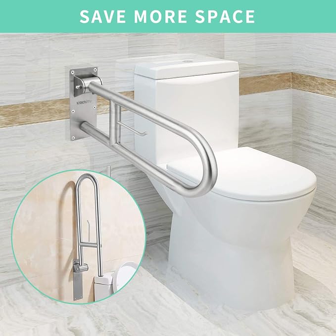 23.6 INCH Stainless Toilet Safety Rails, WochiTV Handicap Grab Bars for Elderly, Disabled Flip-Up Bathroom Grab Bar with Paper Holder,Toilet Handrails Hand Grips Handle Shower Assist Aid