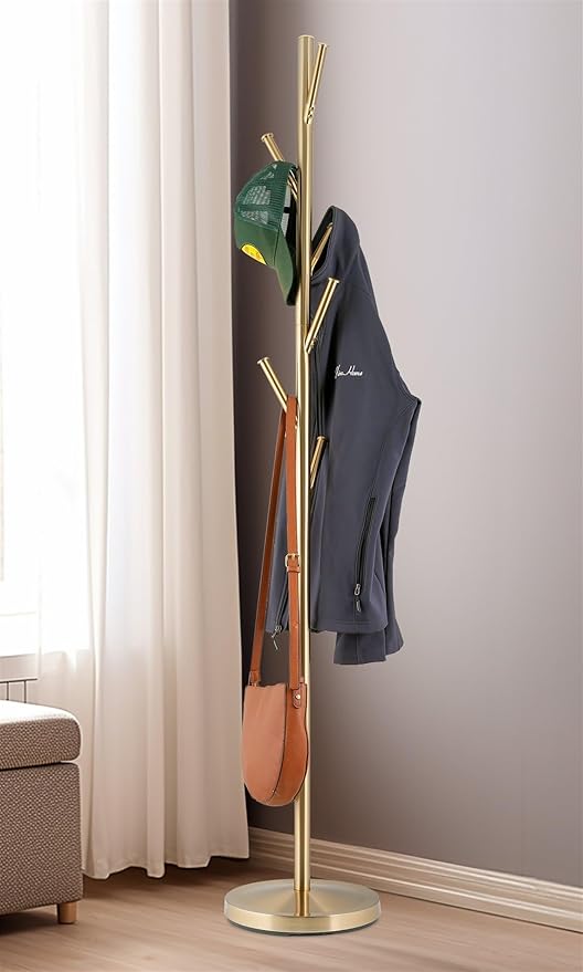 Kira Home Addison 68" Modern Gold Standing Coat Rack with 6 Hanging Hooks, Sleek Metal Gold Coat Stand with Weighted Base, Cool Brass Finish