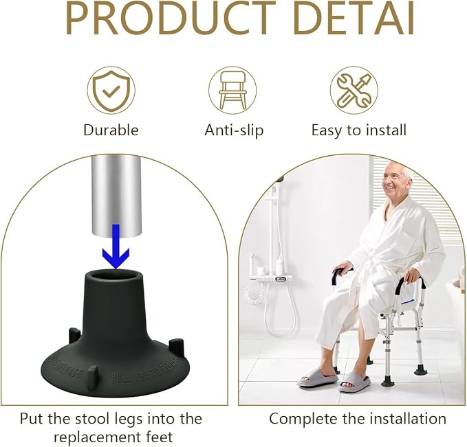 Shower Chair Replacement Feet 4-Pack: 28.6cm Non-Slip Suction Cup Rubber Pads for Bath Seat Stability & Bathroom Safety, Universal Fit for Transfer Benches & Toilet Handrails(Grey, 1-1/8” I.D)