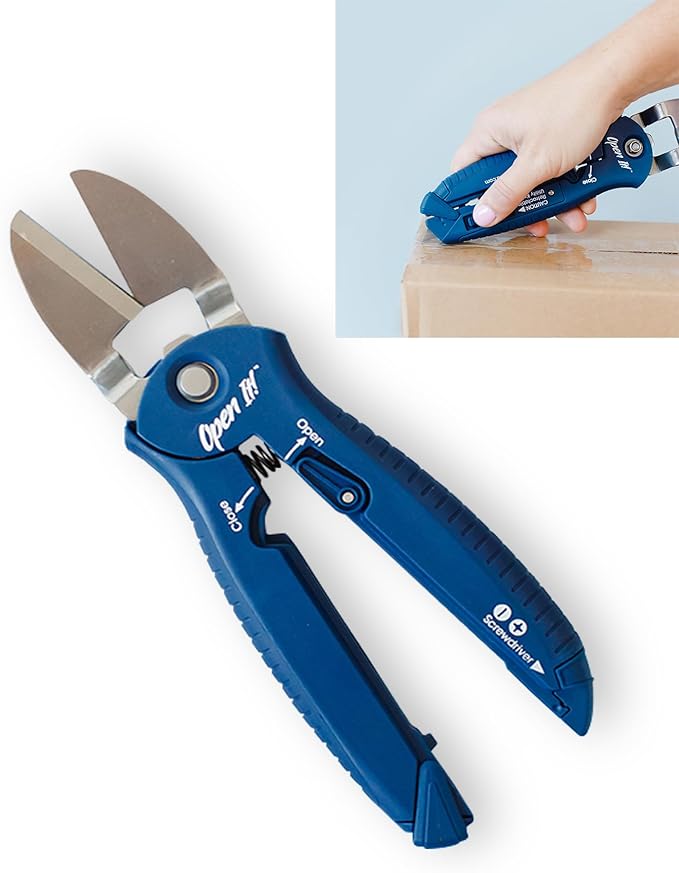 Zibra Open It! 4-in-1 Box Cutter & Package Opener Tool – Heavy Duty Scissors, Retractable Blade & Screwdriver – All-in-One Household Tool for Boxes & Plastic Packaging, Blue