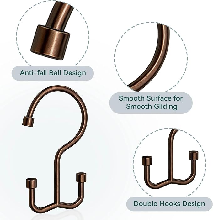 Goowin Shower Curtain Hooks, Shower Curtain Rings, Durable Rust Proof Shower Curtain Hangers, Double Glide Shower Rings for Curtain, Simple Shower Hooks for Shower Curtain, Bronze, 12 Pack-Cylinders