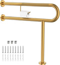 Toilet Grab Bar with Leg 31.5x28 Inch, ZUEXT Brushed Gold Knurled Toilet Support Bar with Toilet Paper Holder,Stainless Steel Wall & Floor Mounted Bathroom Support Rail for Seniors Disabled Pregnant