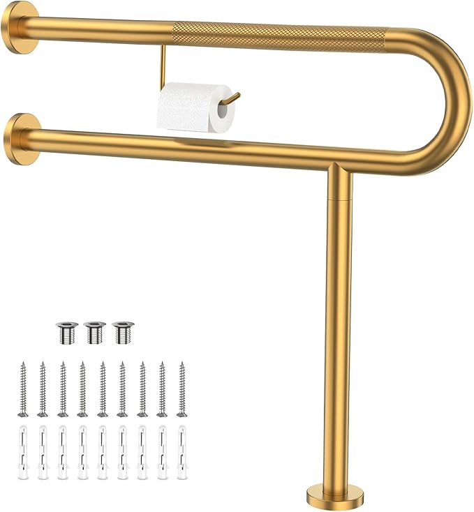 Toilet Grab Bar with Leg 31.5x28 Inch, ZUEXT Brushed Gold Knurled Toilet Support Bar with Toilet Paper Holder,Stainless Steel Wall & Floor Mounted Bathroom Support Rail for Seniors Disabled Pregnant