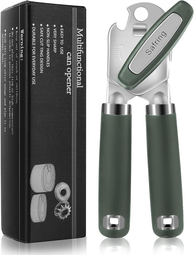 Safring Can Opener Manual, Heavy Duty Handheld Strong Can Opener with Soft Touch Handle, Sharp Blade Smooth Edge, Can Openers with Multifunctional Bottle Opener, Hunter Green