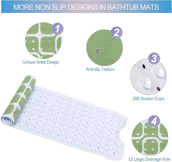 Bathtub Mat Non Slip 40x16 Inch Extra Long Bath Mat, Green Modern Art Shower Mat Non Slip Bath Mat for Tub Anti Slip with Large Drain Holes and Suction Cups,Geometric Design Bathroom Mat for Decor