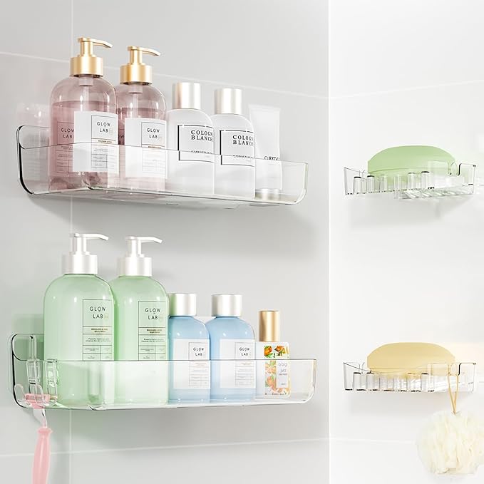 Sotfamily Clear Shower Caddies with Soap Dish & Adhesive Pads, 2 Packs | Acrylic Wall Mounted Shower Shelves for Bathroom Organizers and Storage, No Drill for Bathroom Decor