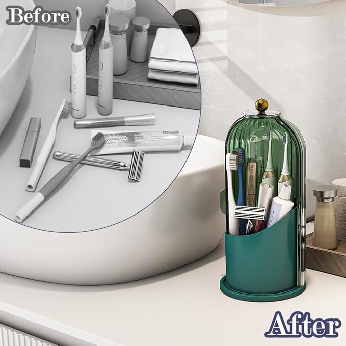 Toothbrush and Toothpaste Holders with Cover, All Green | Waterproof and Dustproof, 360° Rotating Base, Smooth Sliding Door, 3 Slots, for Bathroom Countertop