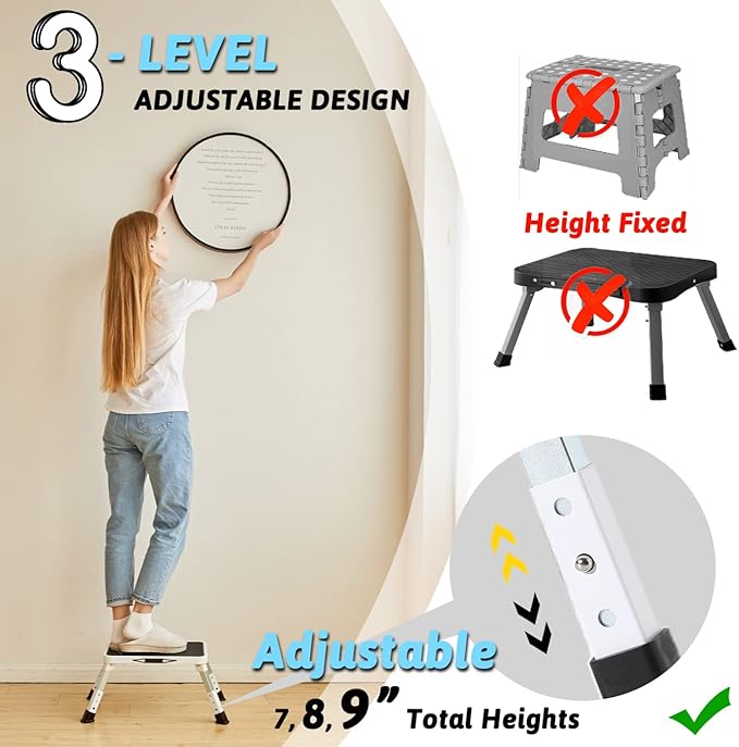 Double Elite 3 Levels Adjustable Folding One Step Stool, Safer Metal Step Stools for Adults/Seniors, Heavy Duty Small Foldable Kitchen Stepping Stool for Bathroom Toddlers, Foot Stool Desk Office Work