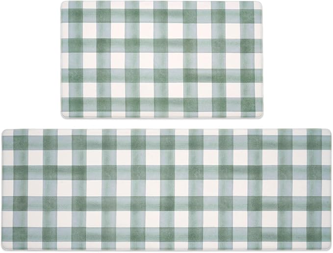 FRESHMINT Modern Farmhouse Plaid 2 Piece Set Kitchen Mats for Floor Anti Fatigue Waterproof & Non-Skid Kitchen Rugs Cushioned Kitchen Mat for Standing Washable Comfort Desk Kitchen Runners