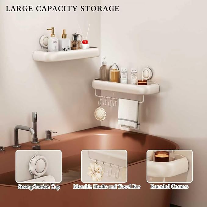CICUFY Shower Caddy Suction Cup, 1 Pack No Drilling Corner Shower Shelves, Rust Proof Bathroom Storage Organizer, Shower Corner Caddy with Removable Hooks and Towel Bar, Square, Cream