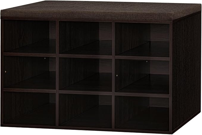 DINZI LVJ Shoe Bench, 9 Cubbies Shoe Organizer for Entryway, Storage Bench with Cushion, Cubby Shoe Rack with Adjustable Shelves for Living Room, Bedroom, Mudroom, Hallway, Espresso