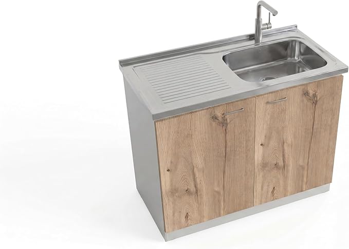 Tuhome Napoles Utility Sink Base Cabinet with Integrated Stainless Steel Countertop, Freestanding Cabinet with Double Doors, Interior Shelf for Laundry Room, Utility Room, Mudroom or Kitchen