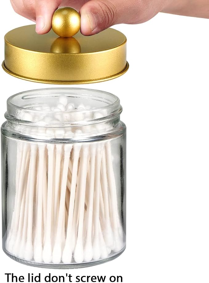 Amolliar 4 Pc Glass Apothecary Jars - Countertop Qtip Dispenser Holder with Stainless Steel Lids &Cute Stickers -Bathroom Vanity Storage Organizer Set for Qtips,Cotton Swabs,Makeup Sponges(Gold)