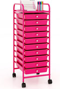 10-Drawer Rolling Storage Cart, Trolley w/Lockable 360° Wheels, 10 Removable PP Drawers, Sturdy Metal Frame, Rolling Utility Cart Perfect for Home, Office, Classroom (Hot Pink)