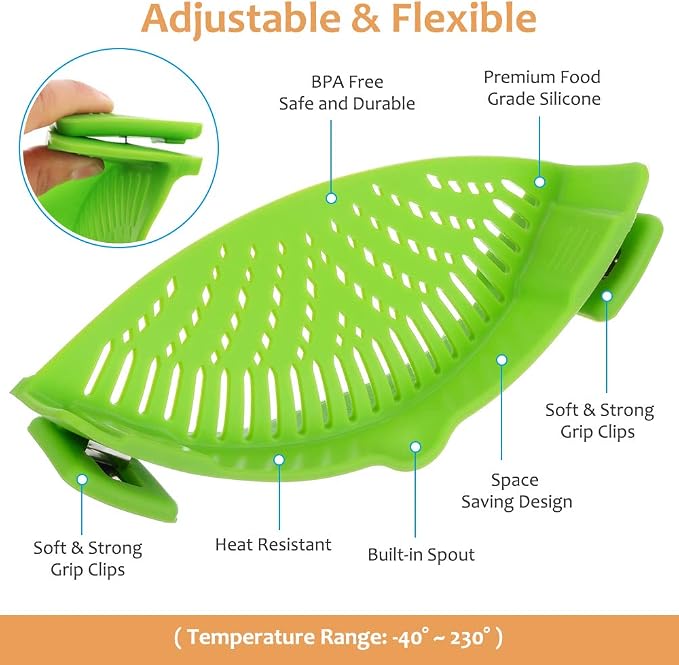 YEVIOR Clip on Strainer for Pots Pan Pasta, Silicone Food Strainer Hands-Free Pan Strainer, Clip-on Kitchen Food Strainer for Spaghetti, Pasta, Ground Beef Fits All Bowls and Pots (Green)