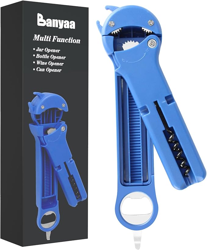 Jar Opener for Seniors with Arthritis, 7 in 1 Bottle Opener and Wine Corkscrew, Easy Grip Kitchen Gadget for Weak Hands Elderly, Retractable Jaw Lid Opener with Magnetic Storage (Blue)