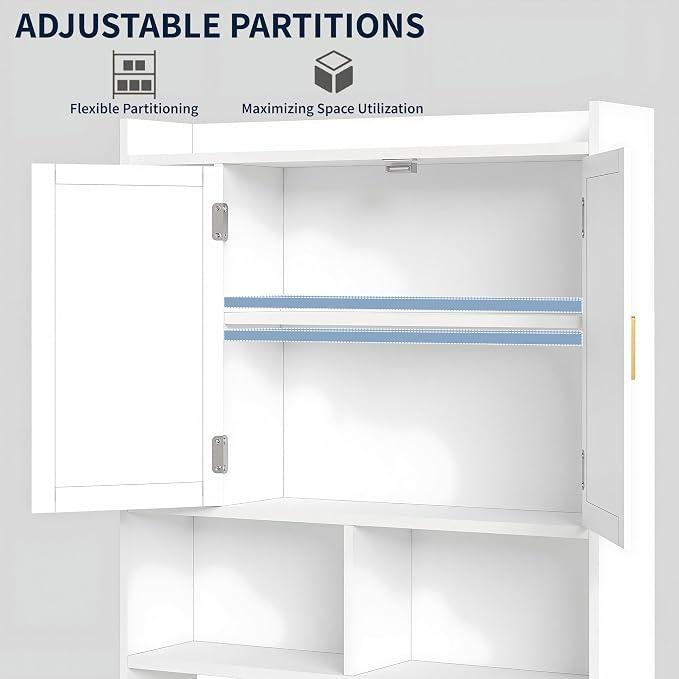 VECELO Over The Toilet Storage Cabinet, Storage Cabinet Over Toilet with Adjustable Shelves & Toilet Paper Holder Stand, Home Space-Saving Toilet Storage, for Bathroom, Restroom, Laundry, White