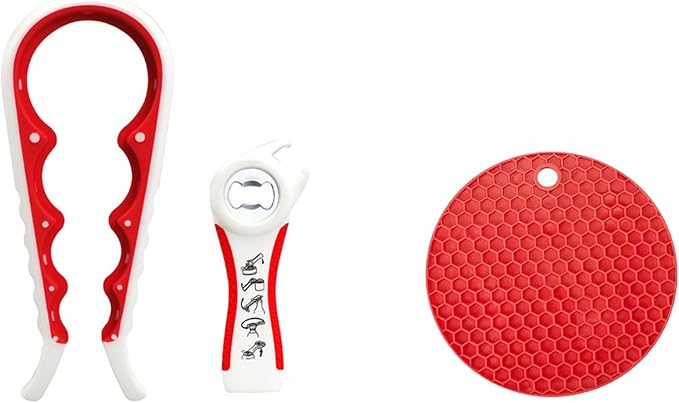3-Piece Jar & Bottle Opener Set for Seniors, Non-Slip Silicone Grip Mat, Ergonomic Kitchen Gadget (red and white)