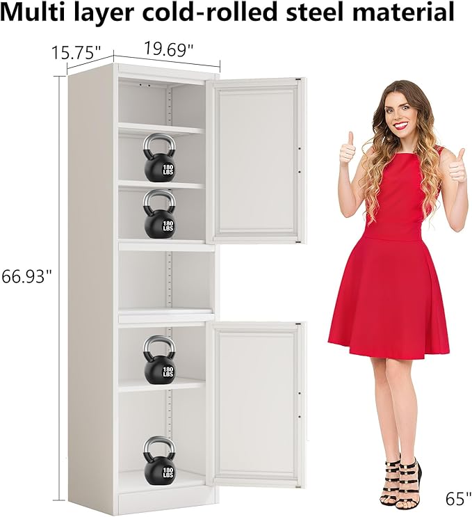 67" H Metal Tall Narrow Storage Cabinet, Freestanding Floor Cabinet with 2 Doors and Adjustable Shelves, Pantry Storage Cabinets for Bathroom, Living Room, Entryway and Kitchen (White)