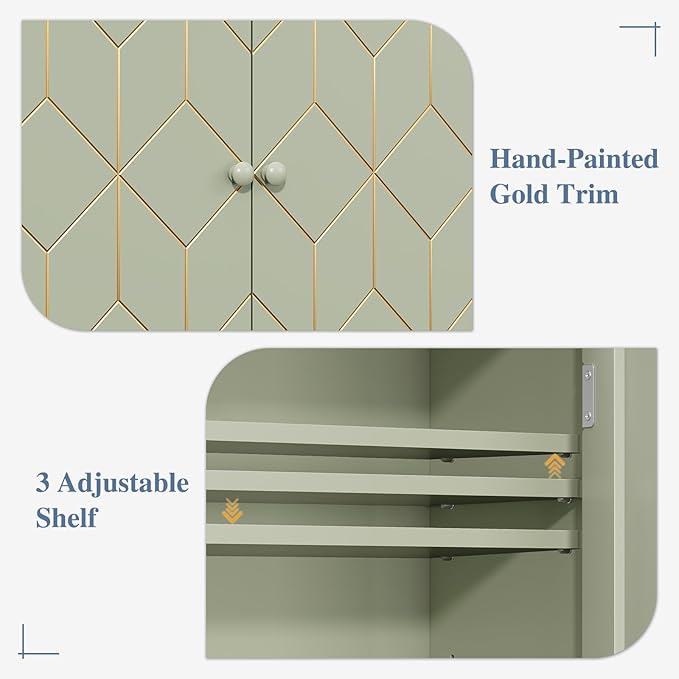 Gold Trim Over The Toilet Storage Cabinet, Double Doors Over Toilet Bathroom Organizer with Adjustable Shelves and Toilet Paper Holder, Modern Over Toilet Storage Cabinet for Bathroom (Green)