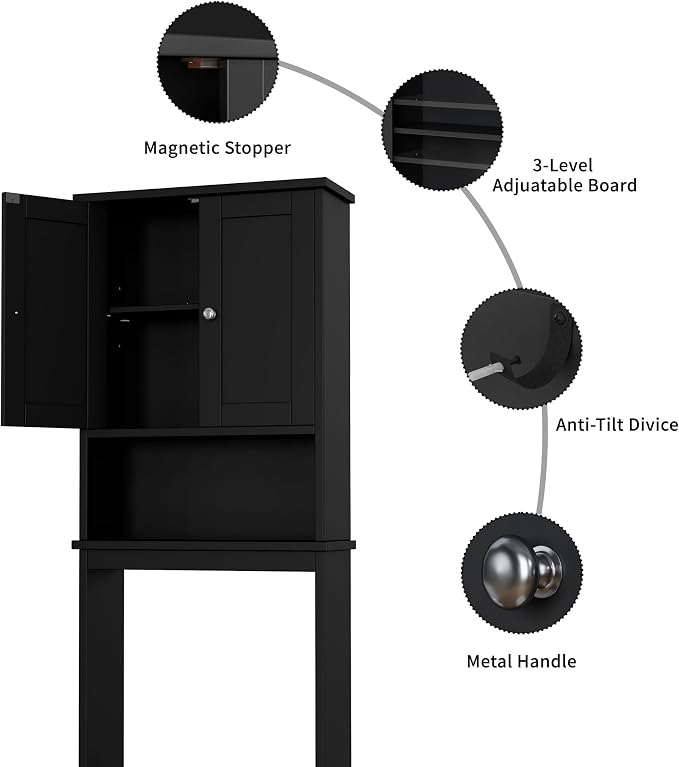 Shintenchi Over the Toilet Storage Cabinet, Bathroom Shelf Organizer with Anti-Tip Device Small Freestanding Space Saver with Adjustable Shelf，Black