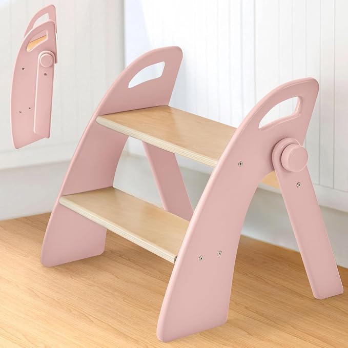 Wooden 2 Step Stool for Toddlers, Foldable 2-Step with Non-Slip Pads and Handles, Bamboo Step Stool for Kids Bathroom Sink and Potty Training, Kitchen Helper, Nursery Bedroom (Pink)